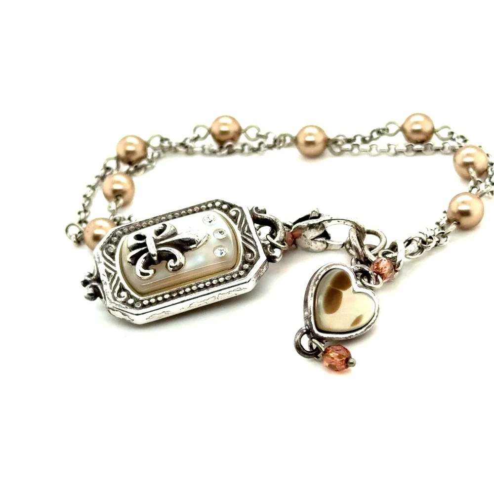 Brighton Fleur-de-Lis Mother of Pearl Heart Charm Pearl Double Strand Bracelet
